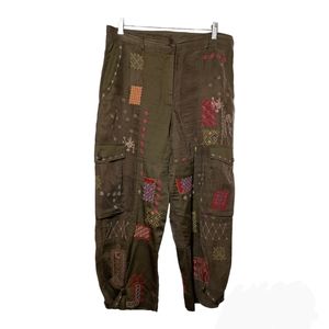 Biya Johnny Was Carpinteria Cargo Pants Embroidered Rayon Size  S Olive Green